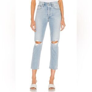 Agolde Riley High Rise Straight Crop Distressed Ripped Knee Jeans
